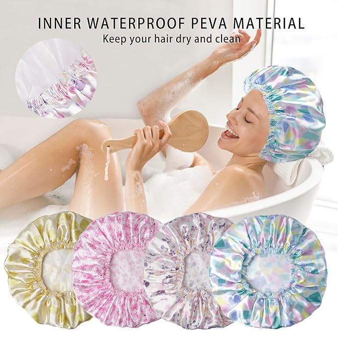 Shower Caps for Women, 4 PCS Elastic and Reusable Bath Caps, Double Layers Shower Cap Reusable Waterproof, Bathing Shower Caps, Environmental Bath Hair Protection Cap - Bow