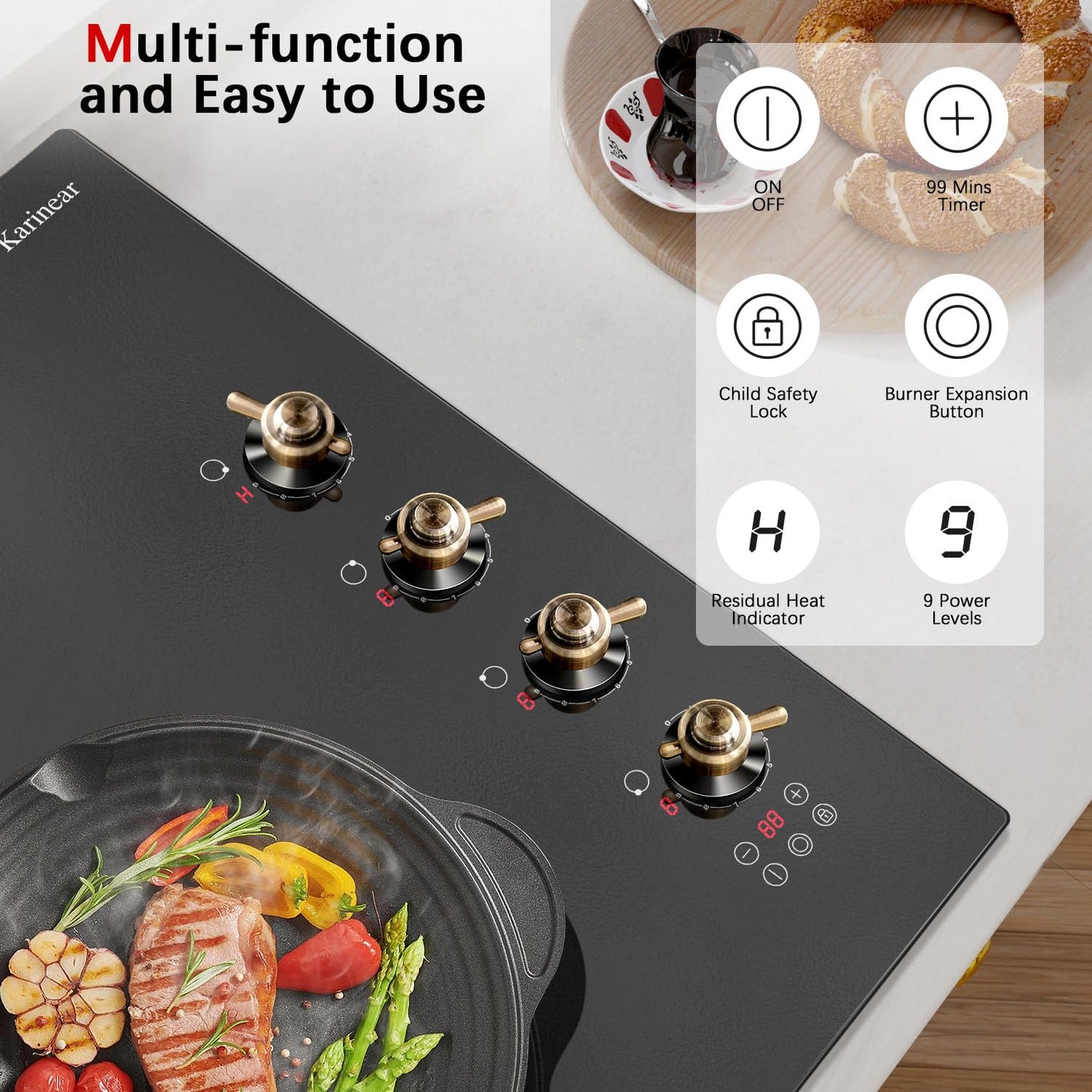 Karinear Electric Cooktop 30 Inch, 4 Burners Electric Stove Top, Built-in Radiant Cooktop with Expandable Burner, Knob Control, Safety Lock, Timer, 6700W 220~240V Hard Wired(No Plug)