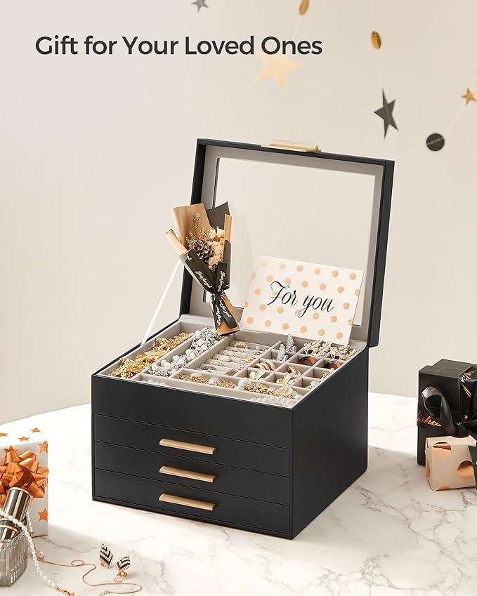 SONGMICS GISELLA Collection - Jewelry Box Organizer, 4-Layer Jewelry Storage with 3 Drawers, Shiny Metal Hardware, Glass Lid, Modern, 8 x 9.1 x 6.5 Inches, Ink Black and Gold Color UJBC173B01