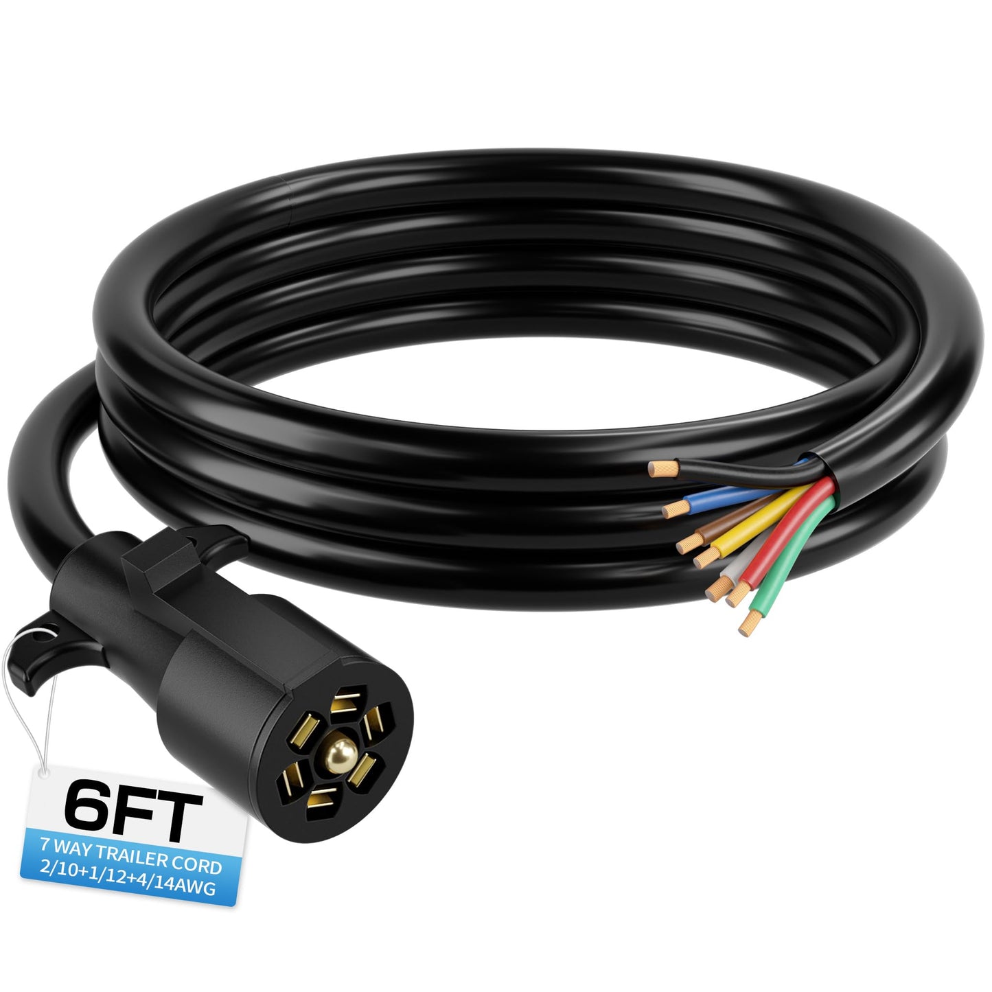 Deluwire 6 FT 7 Pin Trailer Plug, Heavy Duty Trailer Wiring Harness, 7 Way Trailer Cord with Double Prongs Connector for Trailers, RVs, Campers