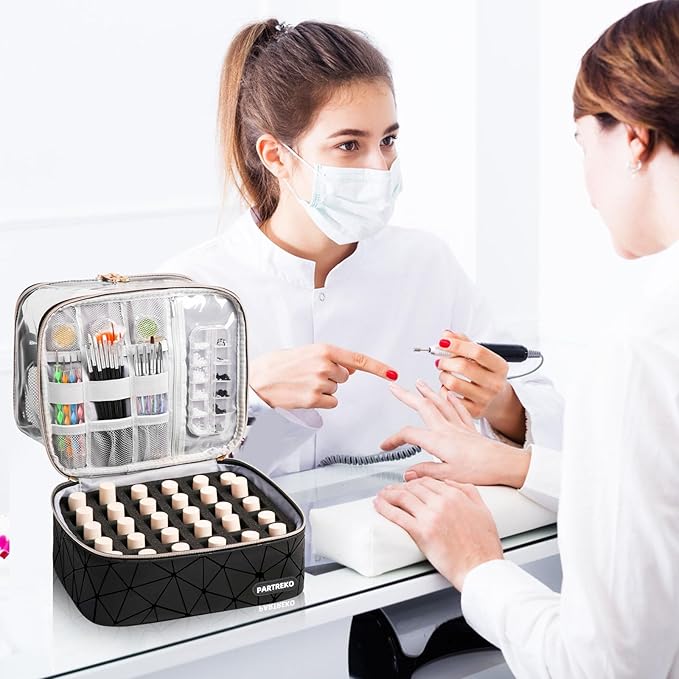 Clear Nail Polish Organizer Holds 60 Bottles (15ml/0.5fl.oz)& Nail Lamp, Double Layer Nail Supplies Organizer Case Transparent, PU Leather Nail kit Storage Bag for Manicure Tools (Black)