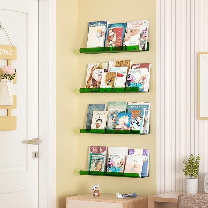 upsimples Acrylic Shelves for Wall Decor, 15" Display Shelf Perfume Organizer for Bathroom, Bedroom, Living Room, Floating Bookshelves for Kids, Clear Green, 4 Pack