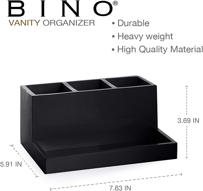BINO Multi Purpose 3 Compartment Organizer with Tray - Makeup Brush Holder and Toothbrush Holder - Marble Bathroom Accessories (Matte Black)