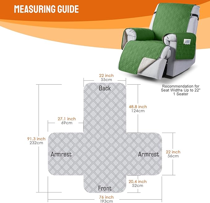 VANSOFY 100% Waterproof Recliner Chair Covers, Recliner Cover Non-Slip Dog Chair Cover Furniture Protector Washable Slipcover with Pocket, Elastic Straps for Pets, Dogs(Vine Green, 22")