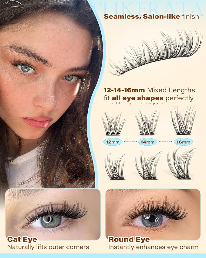 PHKERATA Spider Lash Clusters Natural Eyelash Clusters, Fluffy D Curl Cluster Eyelash Extensions, 12-14-16mm Wispy Individual Lashes with Soft Thin Band