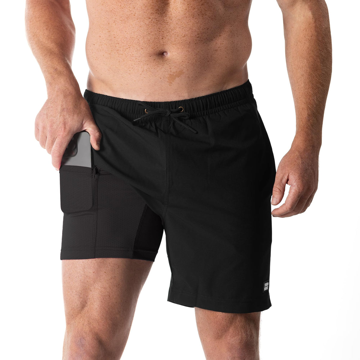Third Wave Swim Trunks with Compression Liner - Men's Premium 7 Inch Inseam Quick Dry Swim Shorts for Beach and Swimming (Black/Black 7 M)