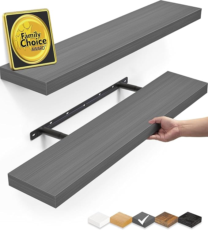 BAYKA Floating Shelves Grey, 22.5 inch Rustic Wood Wall Mounted Shelves for Bathroom, Bedroom, Living Room, Kitchen, Hanging Shelf for Books/Storage/Decor (Gray,Set of 2)