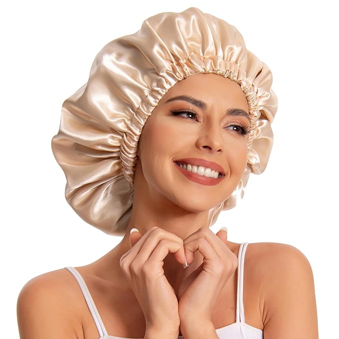 Satin Bonnet Silk Bonnet Hair Bonnet for Sleeping-Slouchy Beanie Hat Satin Sleep Cap for Women's Natural & Curly Hair(Black&Champagne)