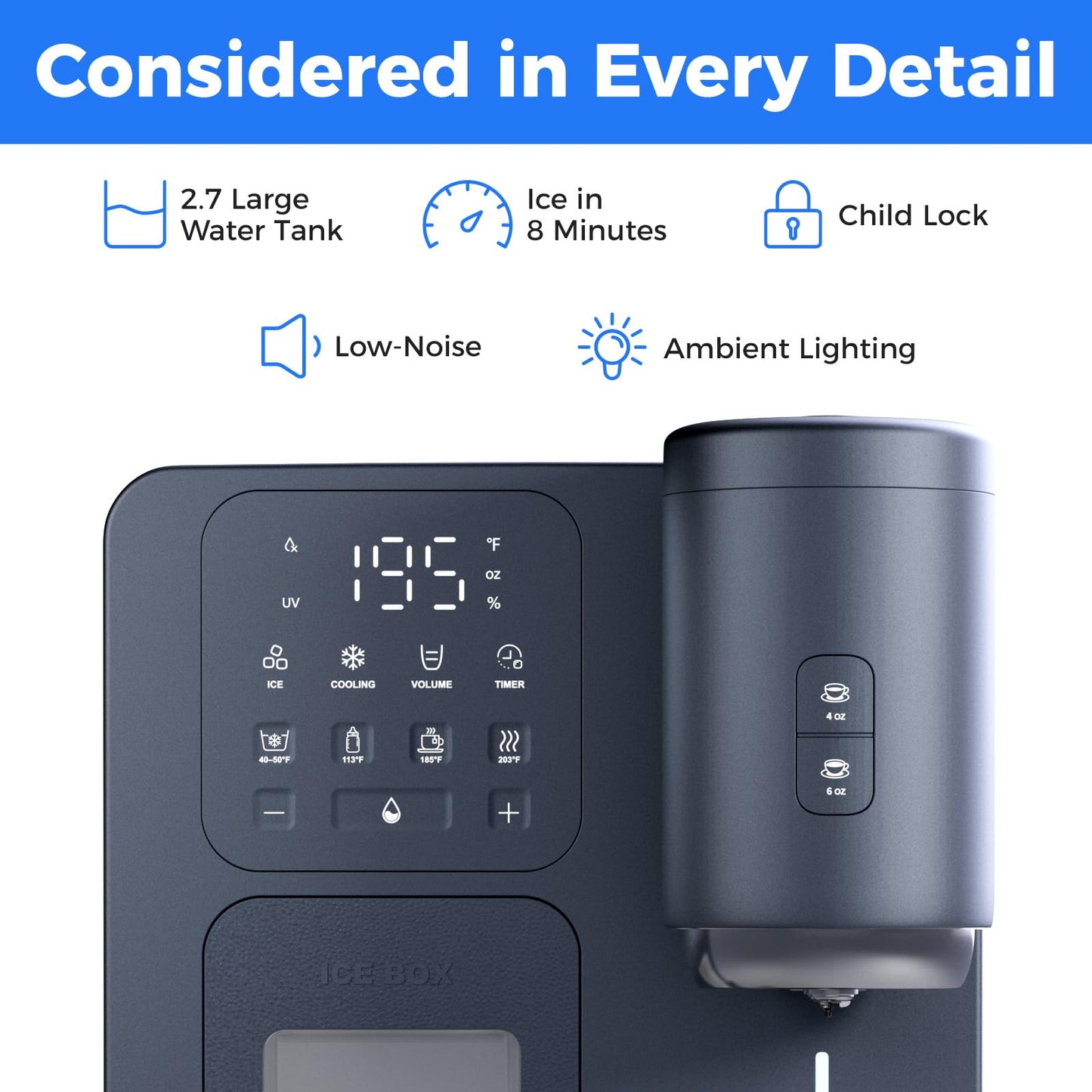 3-in-1 Water Dispenser with Ice Maker - Coffee Maker Countertop Bullet Ice Maker 16.6 lbs/24H with Timer, Hot/Cold/Warm Adjustable Volume Water, K-Cup® Ground Coffee Brewer for Home Office Gift