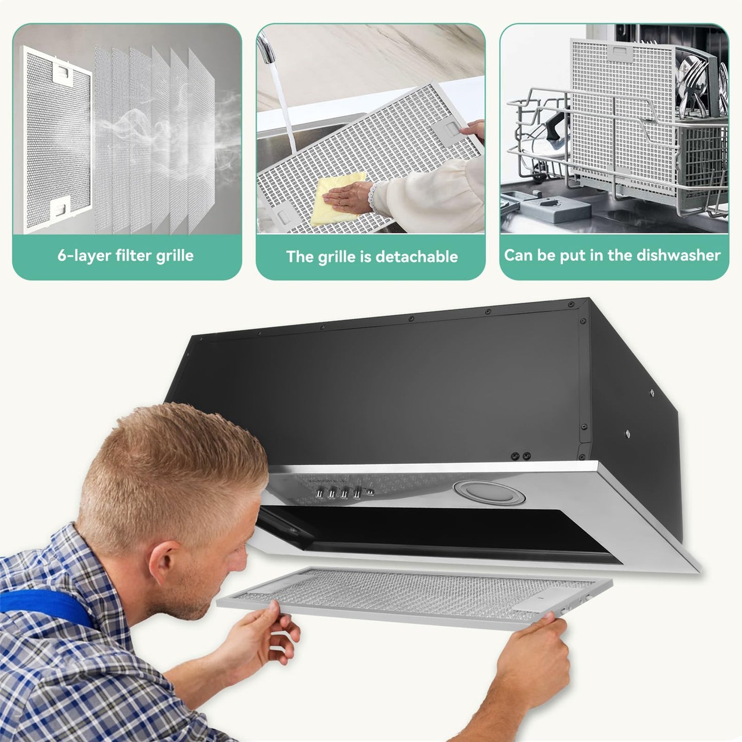 700CFM Range Hood Insert 30 inch, Stainless Steel Built-in Kitchen Vent Hood, Stove Hood with Bright LED Lights & Push Button Control, Grease Filter, Carbon Filter, Ducted/Ductless Convertible