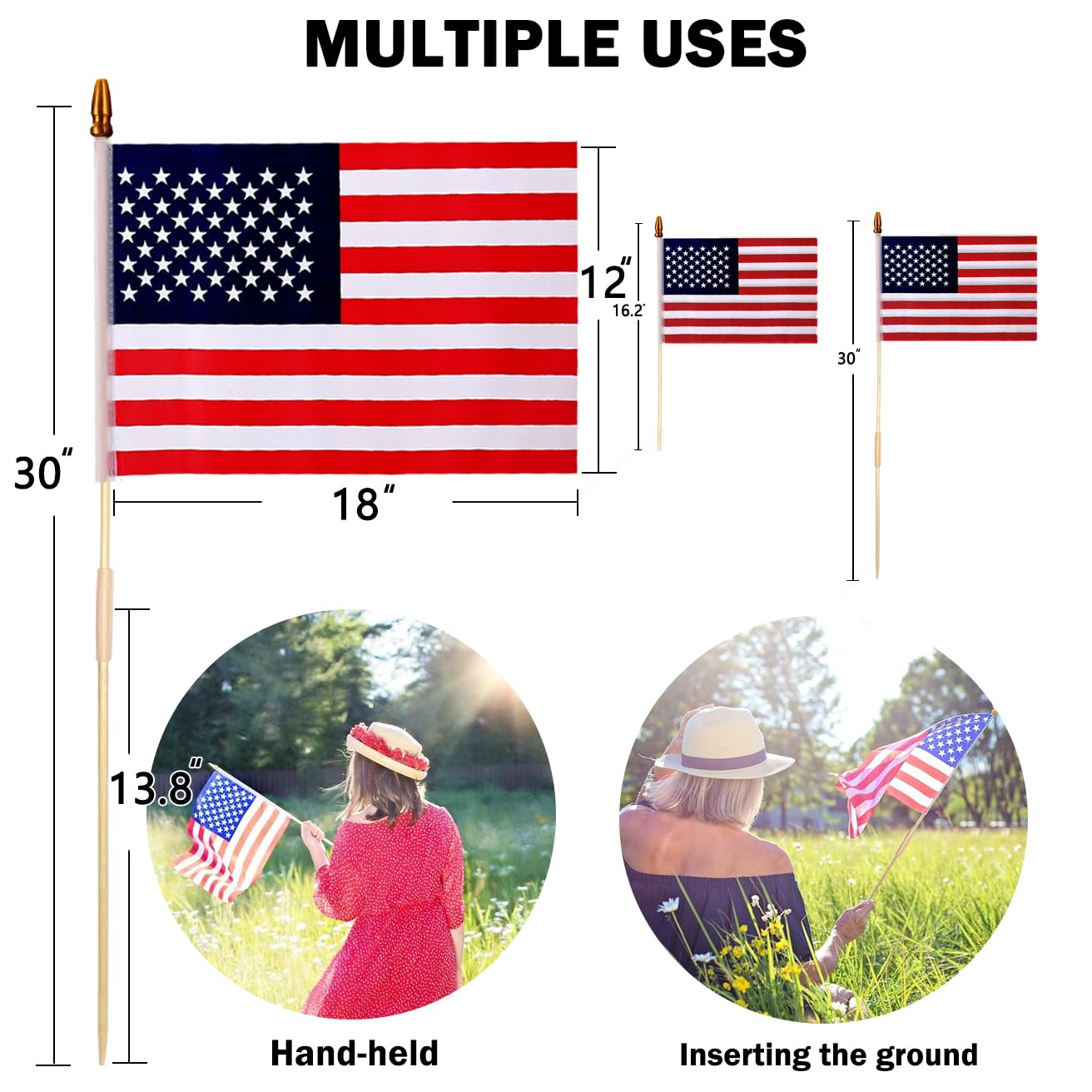 50 Pcs 12x18 Inch American Flags on Stick, American Flags, USA Stick Flag with Handheld and Grounded Multi-Purpose Flagpole, Design for Memorial Day, 4th of July, Veterans Day