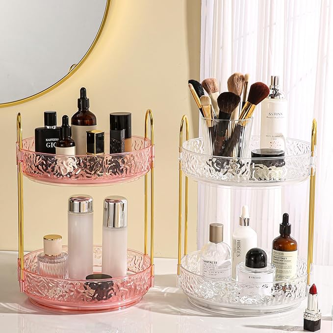 Fangoo 2 Tiers Pink Rotating Makeup Organizer for Vanity, 360 Spinning Skincare Organizers for Dresser Perfume Organizer Large Skincare Make up Storage Cosmetic Organizer for Bathroom Countertop