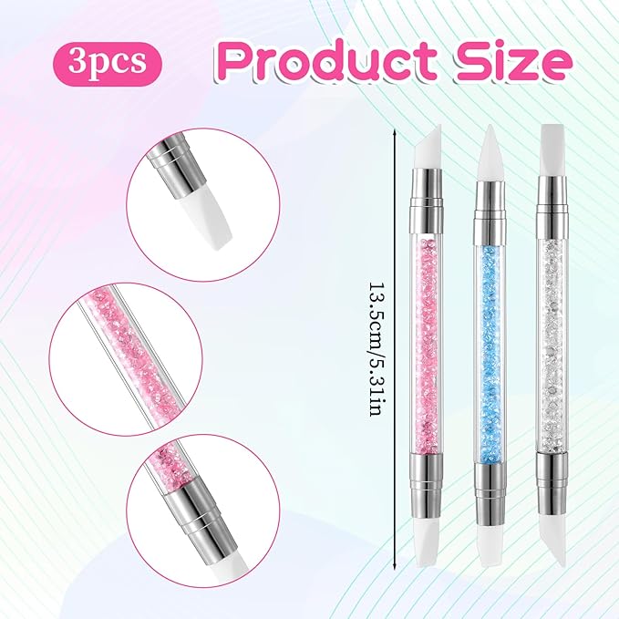 3 Pcs Nail Art Sculpture Pen, Dual Tipped Silicone Nail Tools, Silicone Head Acrylic Handle Nail Art Brushes, Rhinestone Nail Polish Carving Pen, Nail Art Tools for Home Salon(White, Pink, Blue)