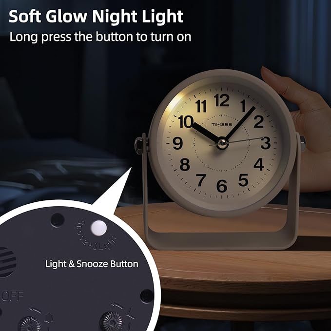 TIMESS Analog Alarm Clock, Silent Non-Ticking Quartz Movement, Battery-Operated with Snooze & On-Demand Light, Easy to Set Gentle Wake Bedside Desk Clock, Ideal for Home, Travel, Office (Yellow)
