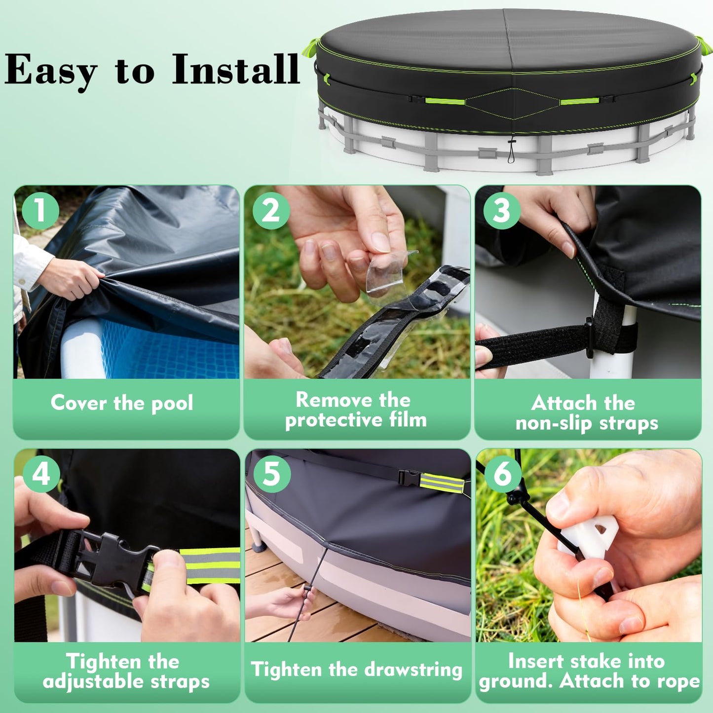10Ft Round Pool Cover for Above Ground Pools, Safety Solar Pool Covers with Reflective Strips, Rope and Luminous Nails, Upgraded Thicker Oxford, PU Tarp Snug, UV Protected, Windproof, Tear Resistant