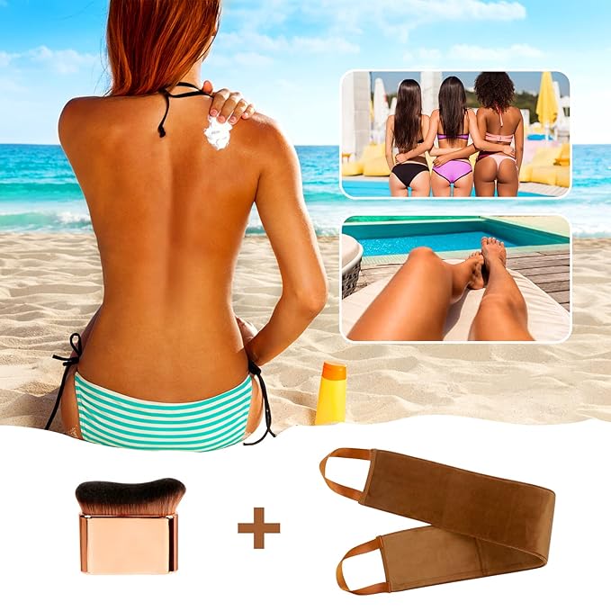 2-in-1 Self Tanning Brush Kit | Rose Gold Tan Applicator for Face & Body, Streak-Free, Reusable | Back Applicator for Hard-to-Reach Areas | Travel-Friendly Tanning Tool