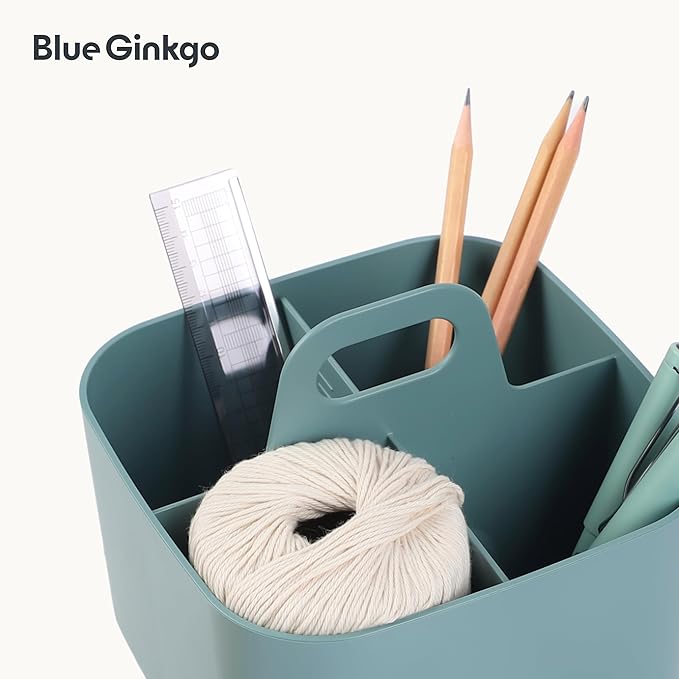 BLUE GINKGO Small Stackable Organizer Caddy – Korean-Made Portable Tote for Bathroom, Office, Crafts, or School Supplies (Square, Green)
