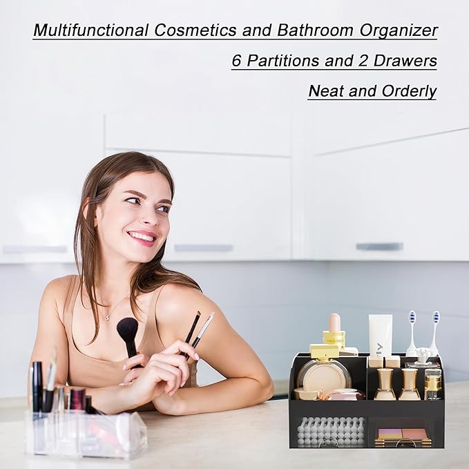 Makeup Organizer with 2 Drawers, Cosmetic Storage for Dresser Vanity and Bathroom Countertop,Make up organization and Skincare Storage with Beauty Brush Holder, Cosmetic Display Case 2Pcs Black