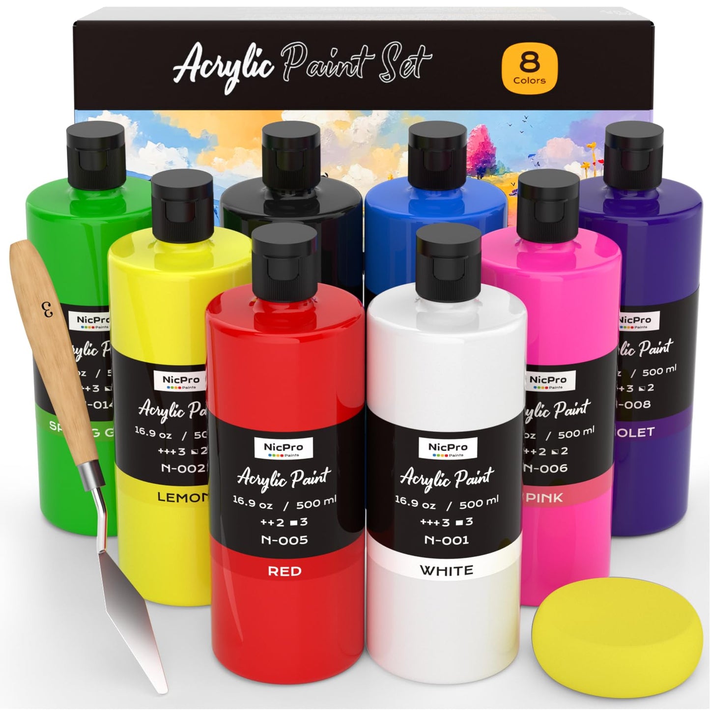 Nicpro 8 Colors Large Bulk Acrylic Paint Set(16.9 oz, 500 ml), Rich Pigments, Non Toxic Craft Paint for Multi Surface, Canvas, Wood, Leather, Ceramic, Fabric - Art Painting Supplies for Beginners, Artists & Adults