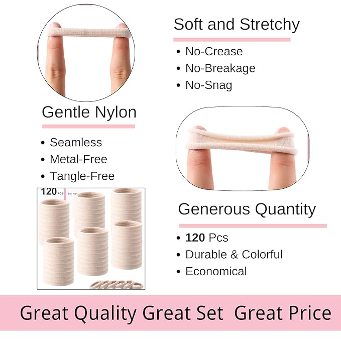 LuSeren 120 Pcs No Damage Hair Ties for Thick Hair, Large Soft Seamless Nylon Hair Elastics for Women, Ponytail Holders, Hair Accessories Ã¢ÂÂ Blonde
