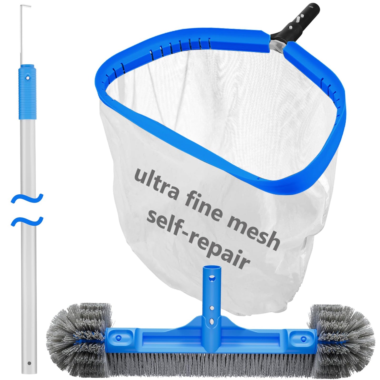 TidyMister Pool Cleaning Kit Full Set - 17.5'' Self-Repair Pool Nylon Net Ultra Fine Mesh & 17.5'' Detachable Round End Pool Brush & 10 Ft Pool Pole with Hook, for Above Ground In-ground Pools, Spas