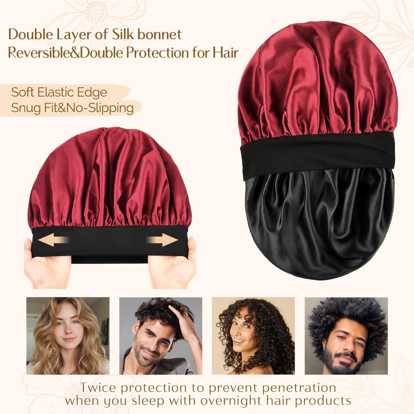 YANIBEST Silk Bonnet for Men Women Hair Bonnet for Sleeping Double Layer Satin Bonnet for Natural Curly Hair Unisex Sleep Cap, Wine Red