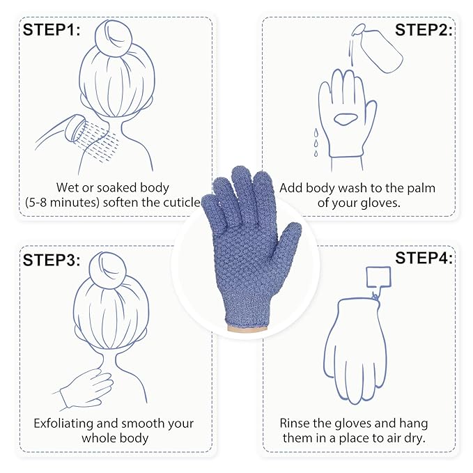 Evridwear Exfoliating Dual Texture Bath Gloves for Shower, Spa, Massage and Body Scrubs, Dead Skin Cell Remover, Gloves with Hanging Loop (3 Pairs Heavy)
