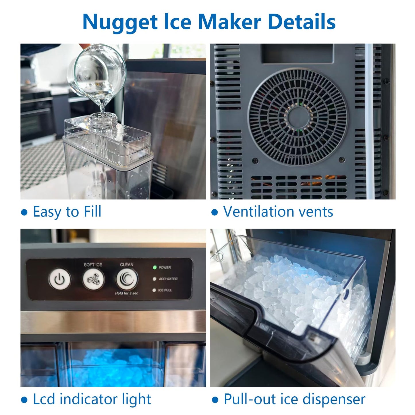 Naner Nugget Ice Makers Countertop 42lbs/Day Large Capacity One-Click Operation Self-Cleaning Portable Ice Maker with A Detachable 3L Water Tank Scoop Included Ice Machine for Home/Kitchen/Office