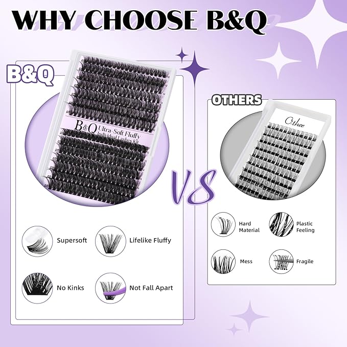 B&Q Volume Lash Clusters 70D+90D, Supersoft Eyelash Clusters 10-18mm, D Curl Cluster Eyelash Extensions, Wispy Cat Eye Lashes Fluffier Individual Lashes for Beginners（70D+90D）