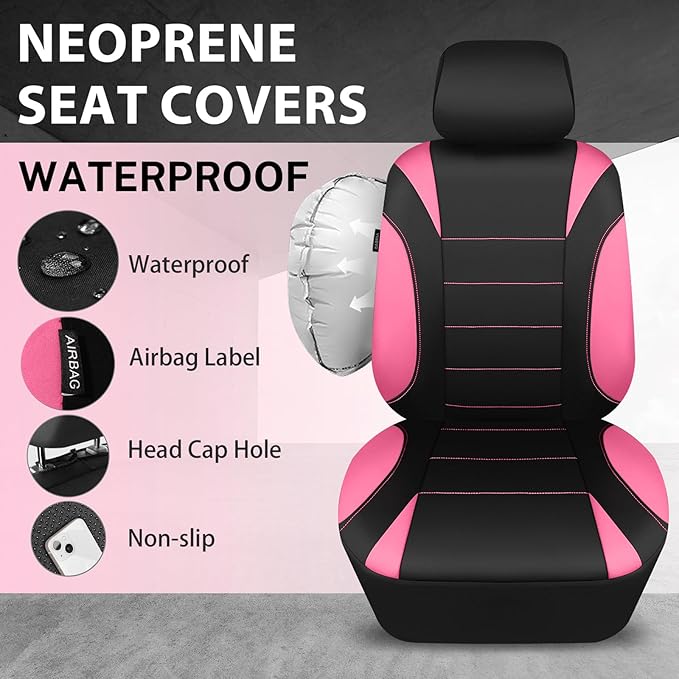 CAR PASS Waterproof Car Seat Covers Full Sets, Universal Fit Seat Covers for Cars, EVA Neoprene Seat Cover Set Full Sets, Interior Covers for Auto SUV,Vans,sedans, Trucks,(Black Pink)