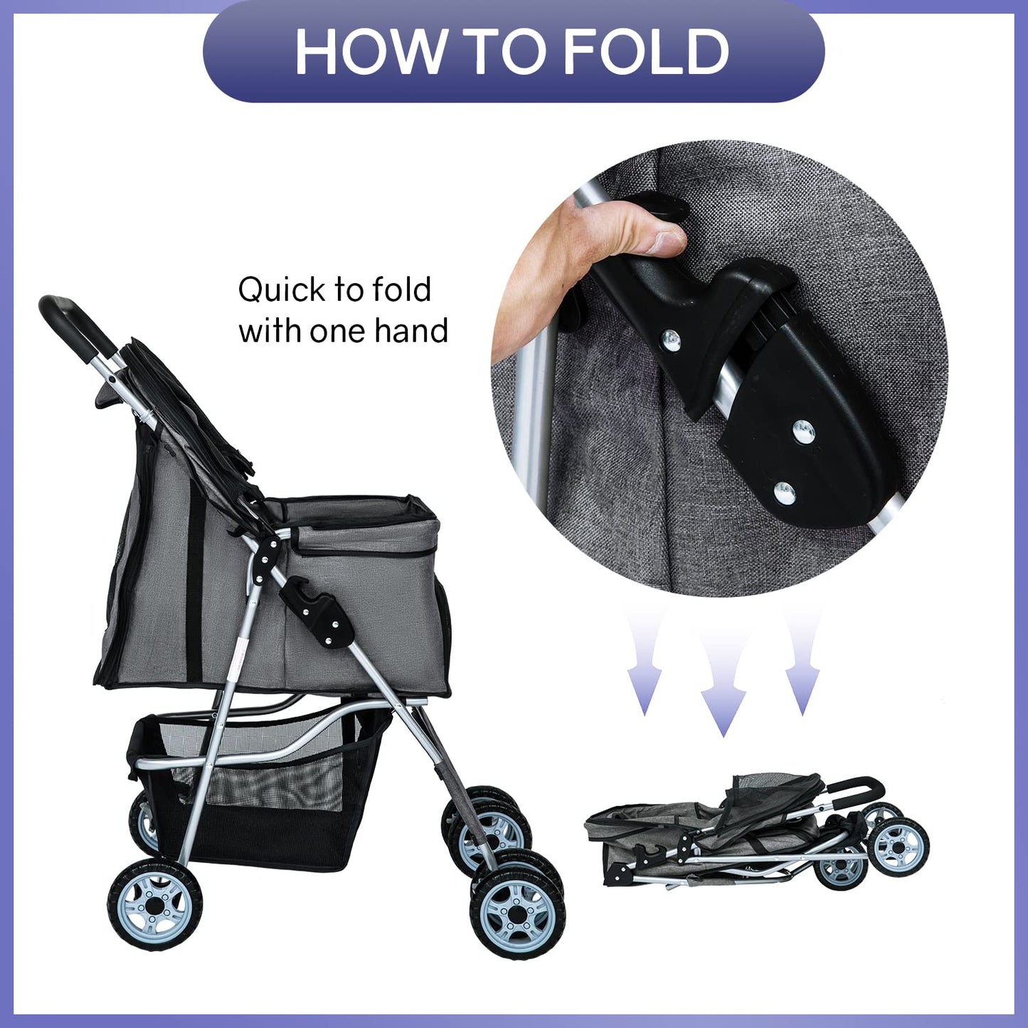 BestPet 4Wheels Pet Dog Stroller for Folding Lightweight Cat Travel Stroller with Cup Holder,Grey