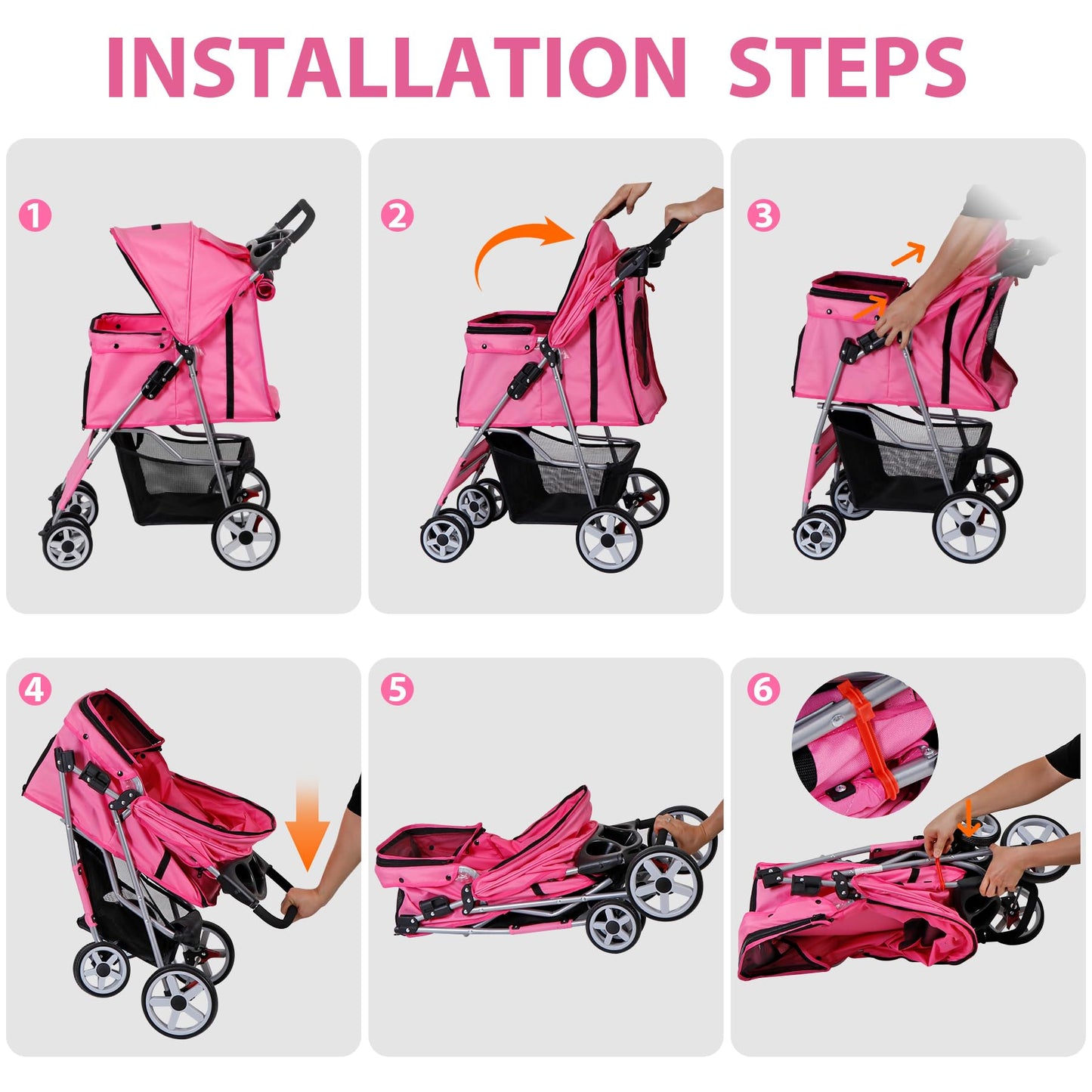 LEMY Foldable Pet Stroller,4 Wheels Cat/Dog Stroller with Weather Cover for Small/Medium Dogs and Cats,Pink Pet Strolling Cart with Storage Basket and Cup Holder