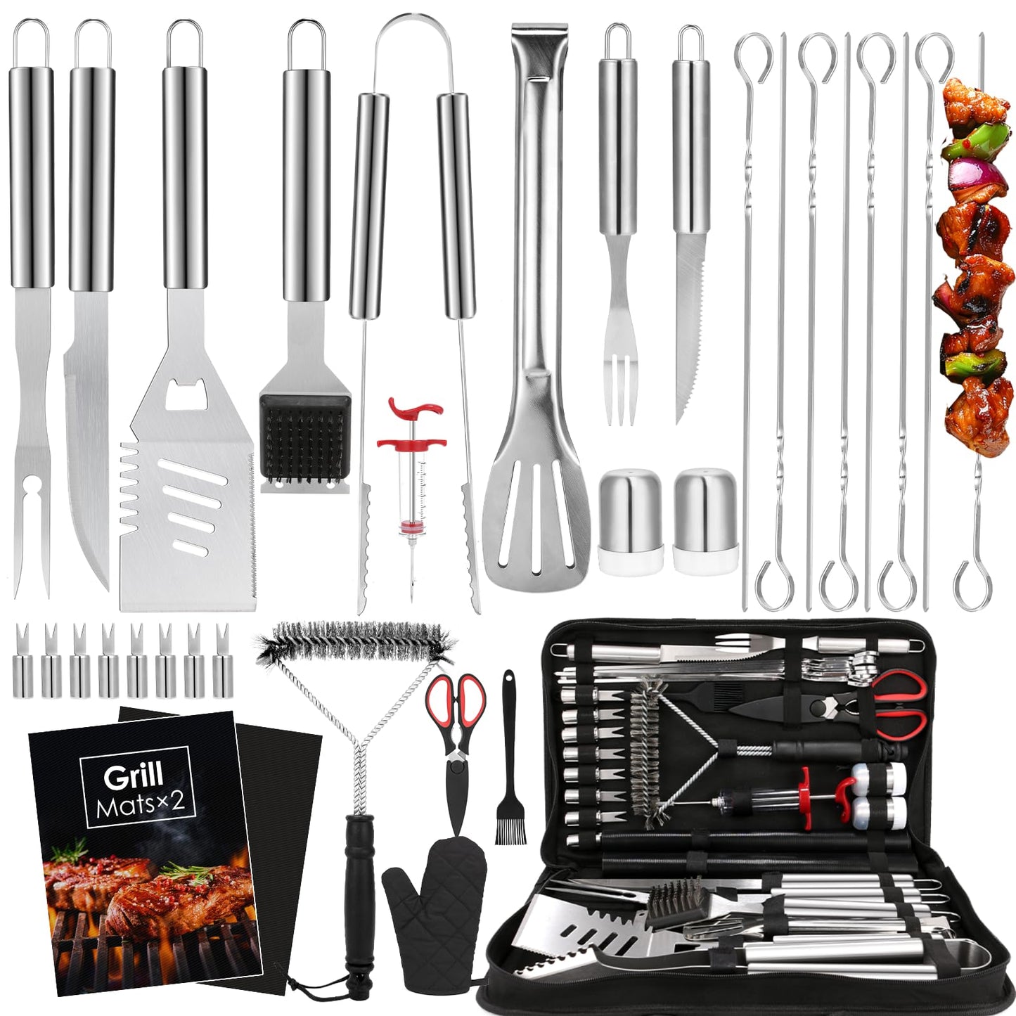 Yoehka BBQ Grilling Accessories Set, 34Pcs Heavy Duty Grill Tools for Outdoor Camping, Grilling Gifts for Men Dad, Stainless Steel Barbecue Utensils Kit with Mats and Glove in Carrying Bag, Silver