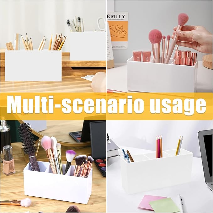 White Makeup Brush Organizer,Acrylic Cosmetic Brushes Storage Holder with 3 Slots,Pencil Pen Holder for Desk,Desk Organizer and Accessories for Vanity