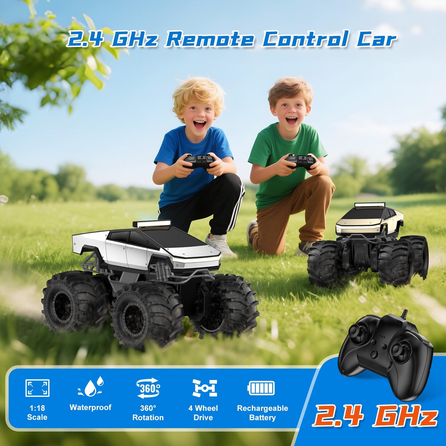 Amphibious Remote Control Car, 1:18 Monster Truck Toys for Boys RC Cars, 2.4 GHz Waterproof RC Trucks, 4WD All Terrain Off-Road Pickup, Kids Christmas Birthday Gifts Present Boys Girls Toys Ages 6+
