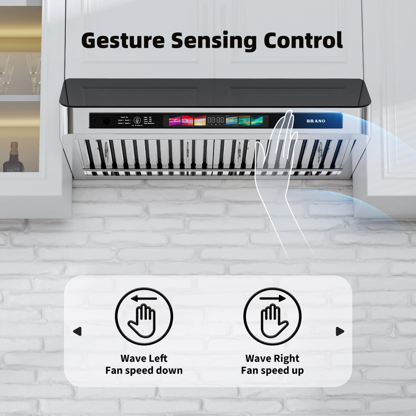 Under Cabinet Range Hood 36 Inch with Voice/Gesture/Touch Control, 900 CFM Stainless Steel & Upgraded Black Tempered Glass Ducted Kitchen Vent Hood with 4 Speed, Memory Mode, Adjustable Lights