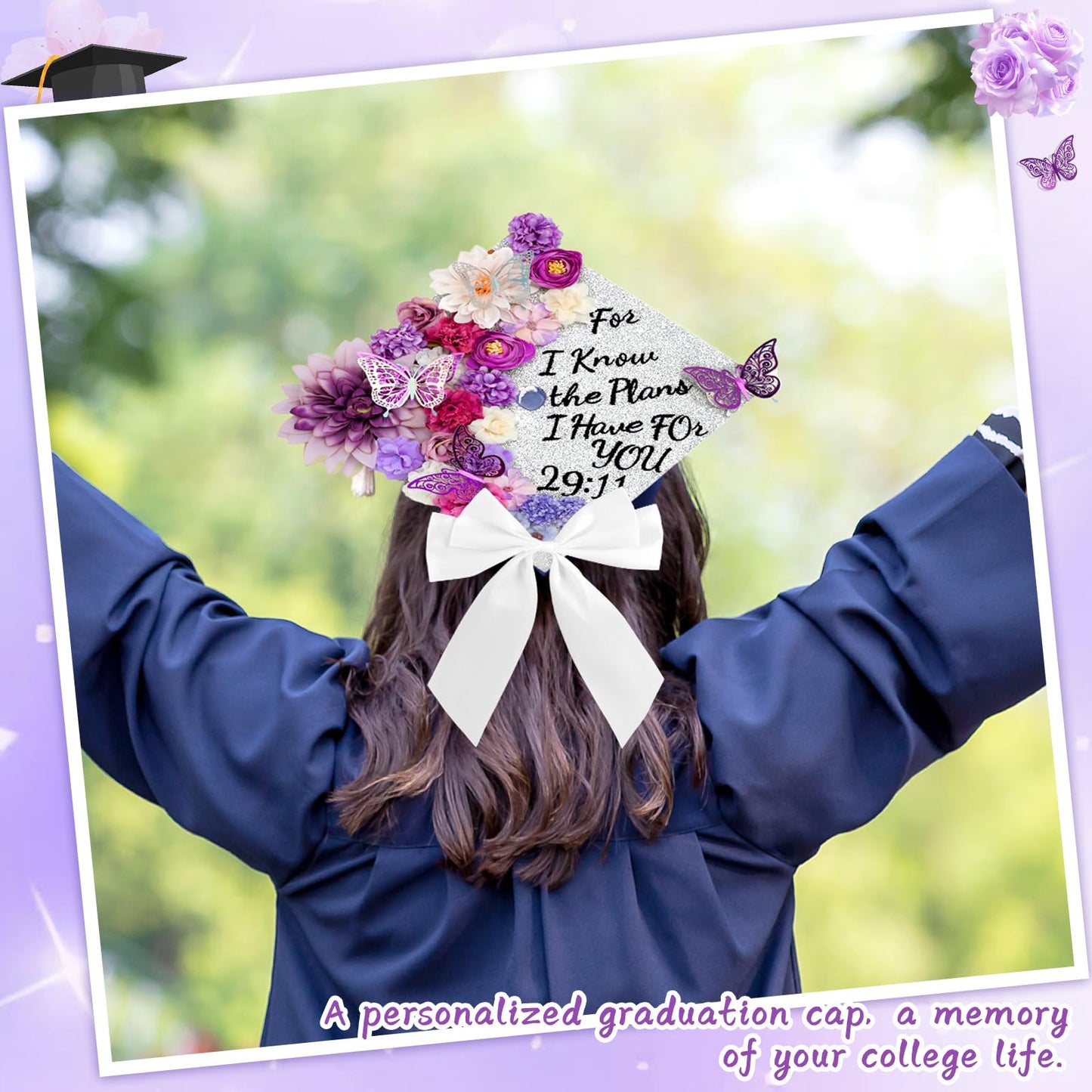 55 Pcs Purple DIY Graduation Cap Decorations Faux Assorted Flowers purple Bows 3D Butterfly Stickers Glitter Alphabet Letter Number Decals for DIY Hat Grad Cap Topper Graduation Party Supplies