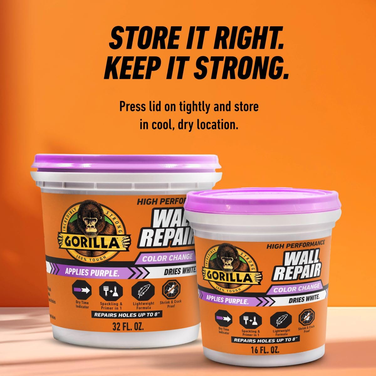 Gorilla High Performance Wall Repair Color Change, 32 Ounce Tub, Applies Purple, Dries White – Spackling & Primer in One, Shrink & Crack Resistant