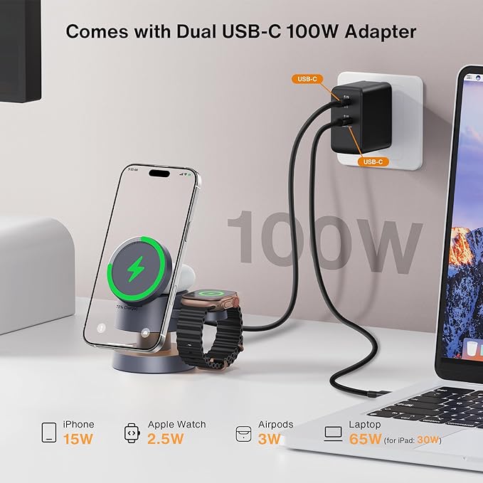 iVANKY 4 in 1 Wireless Charging Station with Night-Lamp for MagSafe Magnetic Charger Travel Stand, 3-in-1 Fast Charge for iPhone 17-11, for Apple iWatch, Airpods（Dual C-Port 100W Adapter Included