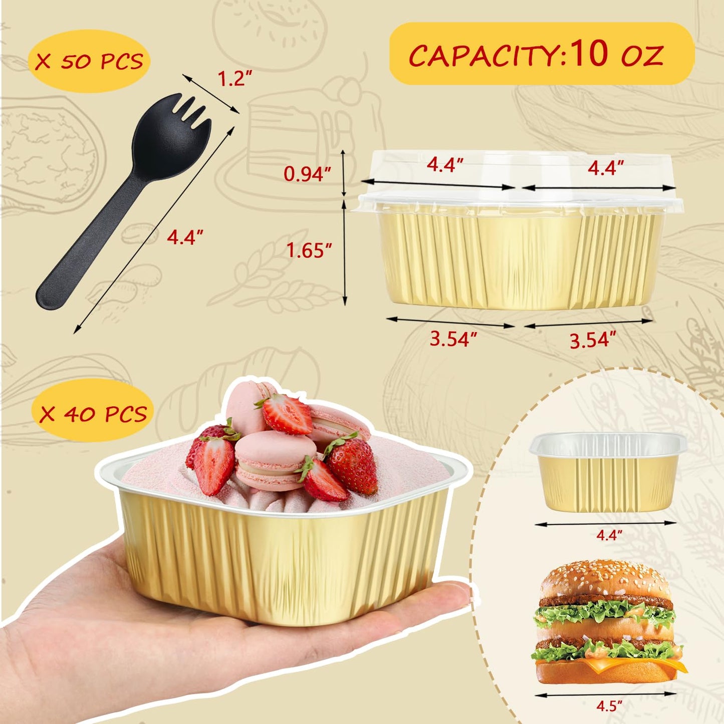 Large Cupcake Liners Aluminum Pans With Lids 40 Pack,LNYZQUS Square 10oz Small Cake Muffin Tin,Disposable Ramekins Baking Pan Containers For Brownie Mini Cake Bread Dessert-Gold