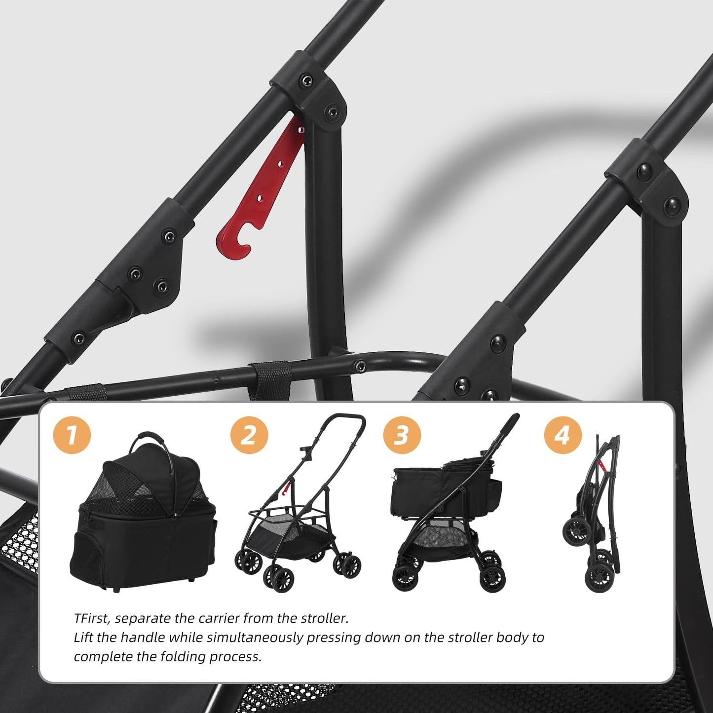 COOLCRAB Pet Stroller Quickly Folds for Easy Storage Cat Stroller with Detachable Carrier Thickened Oxford Cloth Breathable Basket Dog Strollers for Small Dogs (Grey)