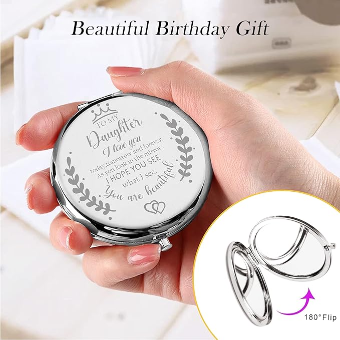 Soulpetals Daughter Gifts Compact Mirror for Daughter from Dad Mom, Daughter Birthday Gifts for Daughter Engraved Makeup Mirror for Daughter