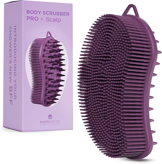 MainBasics Silicone Body Scrubber Dual-Sided Shower Loofah and Scalp Scrubber (Purple, Scalp)