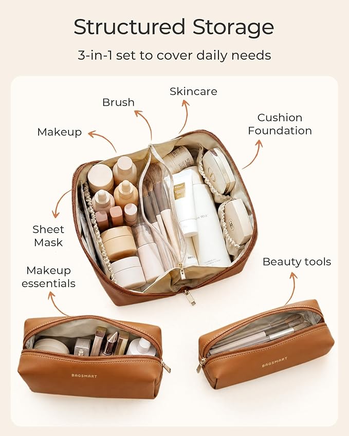 BAGSMART Makeup Bag Travel 3 Pcs Set Cosmetic Bag, Large Make Up Bag Flat Open Toiletry Bag for Women, PU Leather Travel Essentials Organizer Case, Wide-open Pouch for Skincare, Brushes, Camel
