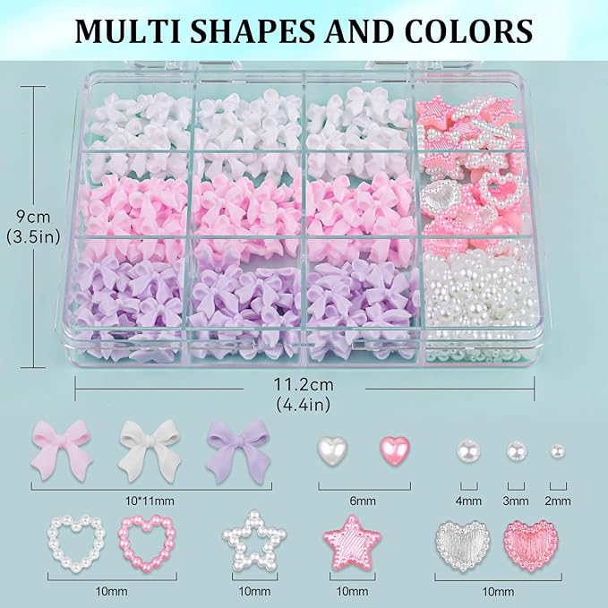 600pcs 3D Charms and Pearls Set - Pink, White, Lilac Nail Bows, Stars, Hearts + White Pearls (2-4mm) - DIY Decoration Tools
