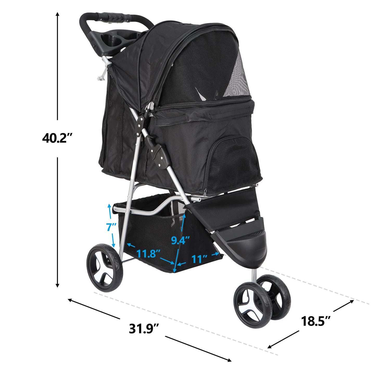Epetlover 3 Wheels Dog Stroller, Pet Strolling Cart with Skylight Storage Basket Cup Holder Storage Tray, Animal Carrier for Medium Small Dogs and Cats, Easy Walk