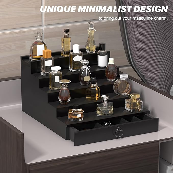 Cologne Organizer for Men, 5 Tier Black Wood Perfume Organizer with Felt Lining Drawer and Hidden Compartment, Perfume Display Holder, A Gift for Men