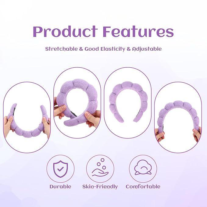 Women Spa Headband, Purp1e - Soft & Comfy Spongy Hairband for Washing Face, Makeup, Skincare, Yoga, Sports, Unique Fluffy Design for Her