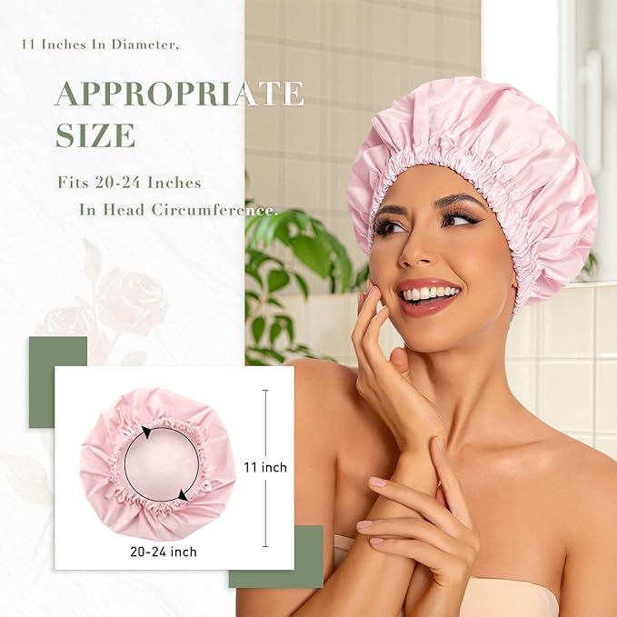 Reusable Shower Cap for Women, Large Waterproof Shower Bonnet with Elastic Band, Washable Bath Hair Cap for Long, Curly Hair, Braids, Daily Shower, Home Spa, Travel(Pink&Green)