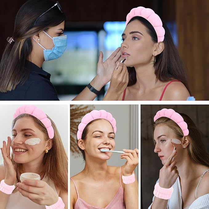 6Pcs Pink Spa Headband and Wrist Washband Set, Skincare Makeup Headband, Sponge Face Wash Terry Cloth Puffy Hair Band for Washing Face
